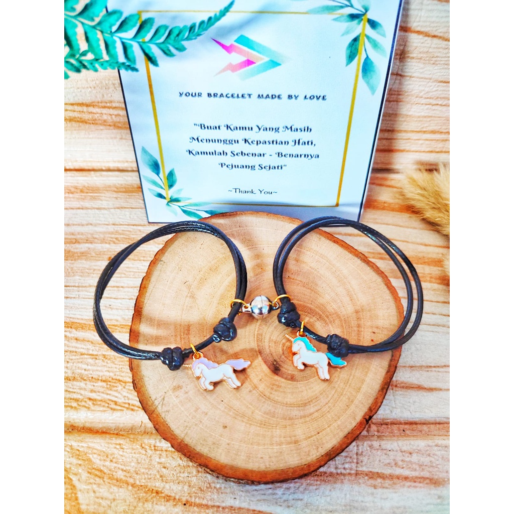 Gelang Magnet Couple Charm Unicorn | Gelang Anak Unicorn | Couple Magnet | Tali Korea 2mm Hitam