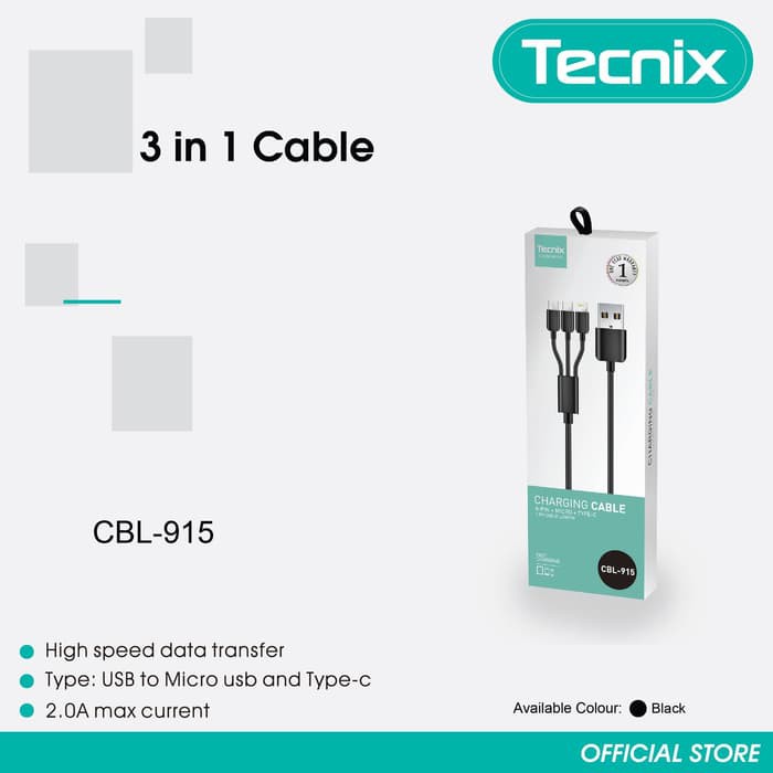 Kabel 3 in 1 Fast Charging TECNIX CBL-915 Kabel Data 3 in 1 Micro Lightning Type C 100CM