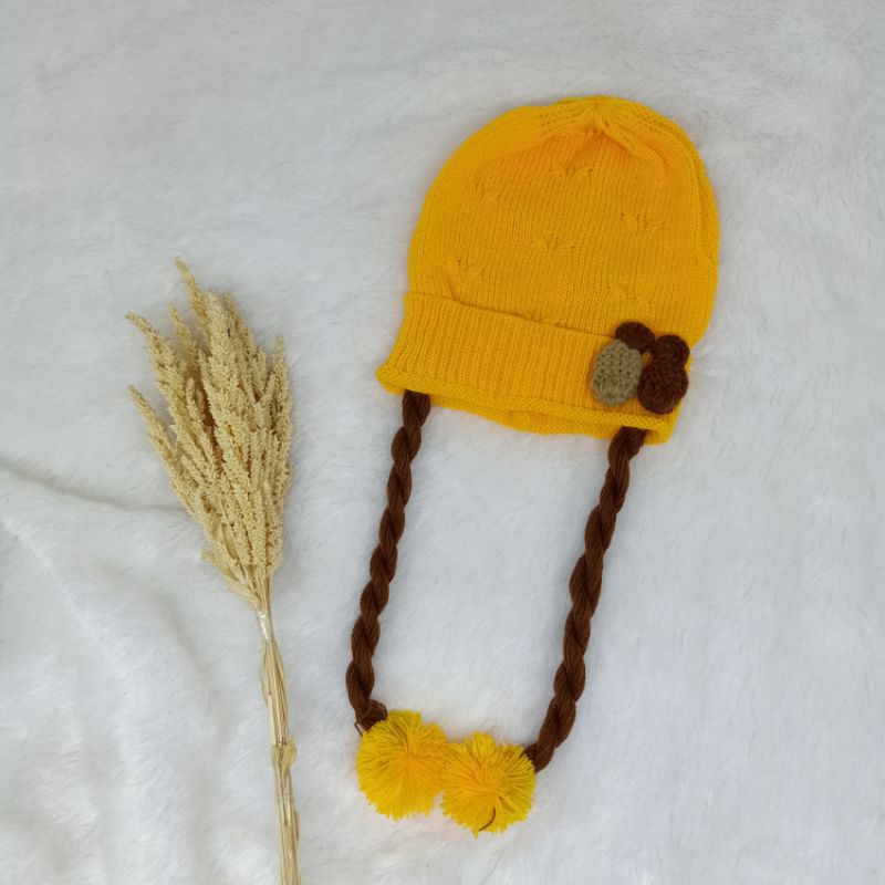 JF COLLECTION [Bordir Nama] Topi Kupluk Rajut Kepang Anak Bayi Perempuan Hiasan Nanas Rambut Kuncir-Kuning