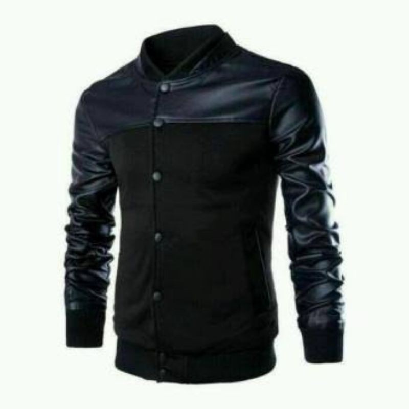 Jacket pria baseball kancing/jaket kombinasi double kerah/jaket sweter kulit Terbaru2021