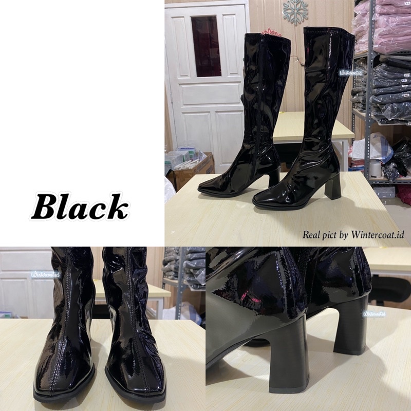 High knee boots import wanita glossy jessica sepatu overknee high knee boot cewek korea fashionable heels