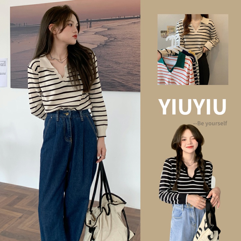 YIU YIU Rajut - Stripe Knit Crop Top Lengan Panjang Wanita Polo Shirt