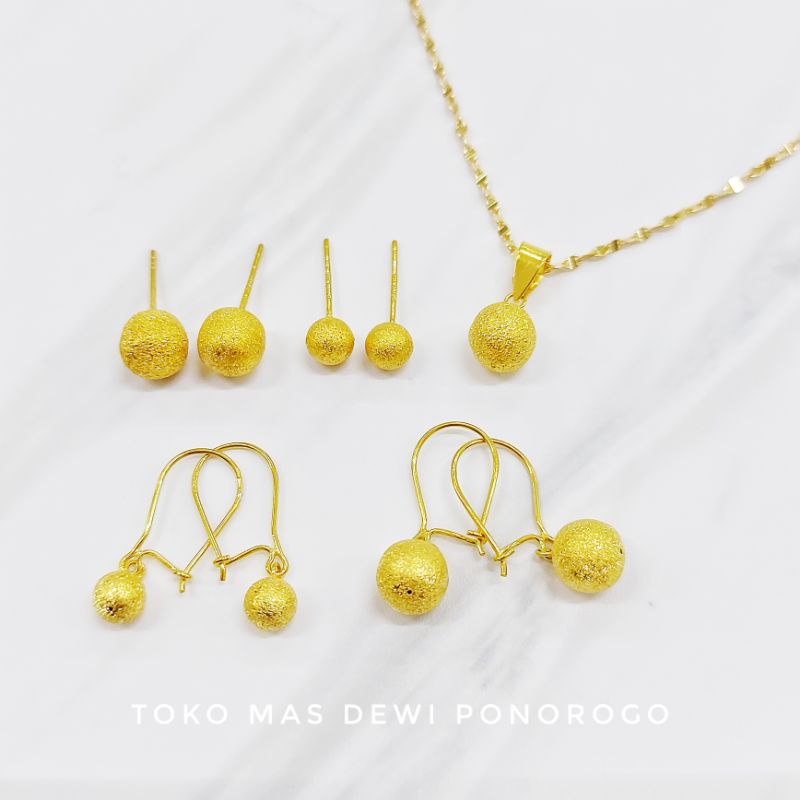 SET LIONTIN, ANTING, GIWANG BOLA PASIRAN Emas Asli Kadar 8K/375% Yellow Gold