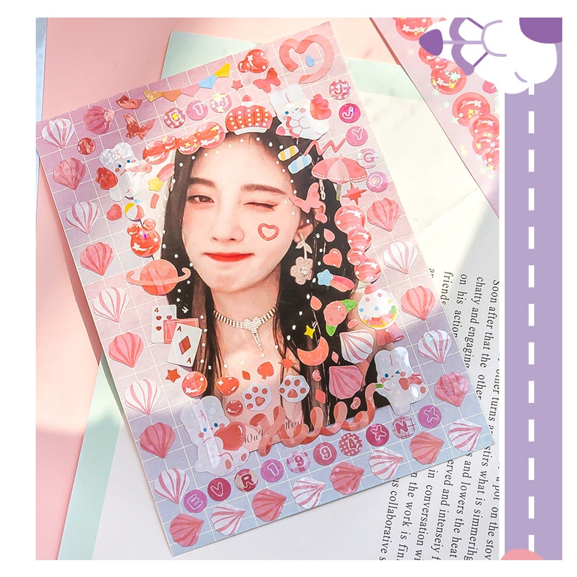 4 Lembar Stiker Glitter Kawaii Anti Air Bahan PVC Untuk Dekorasi Scrapbook / Album / Diary DIY