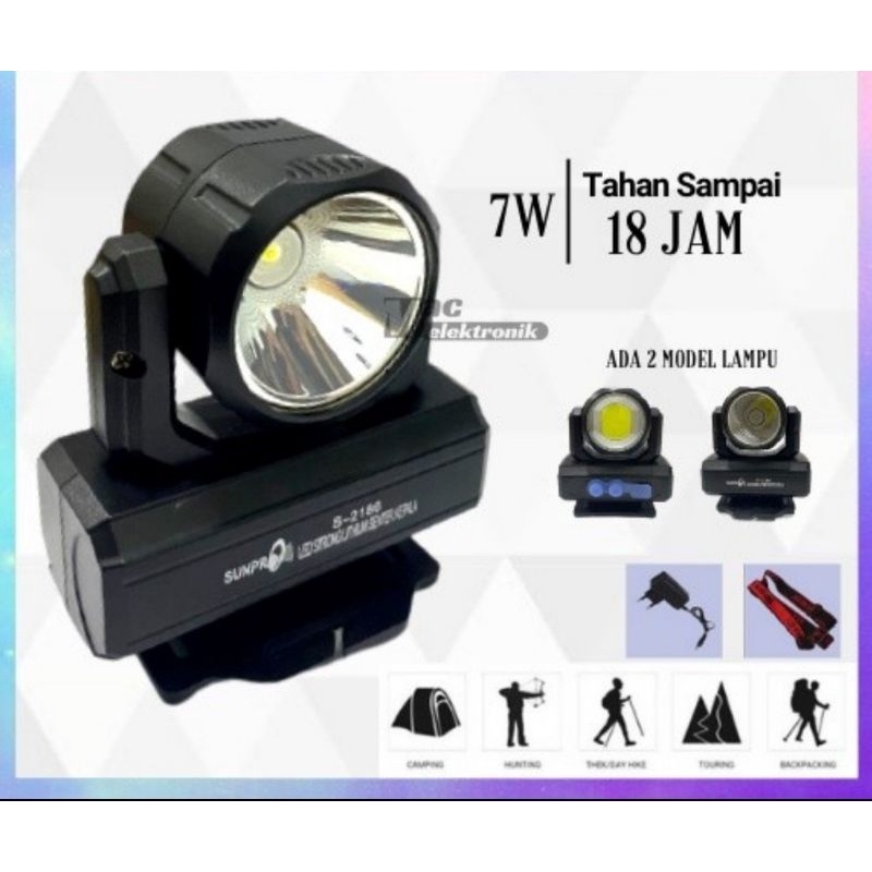 Senter Kepala Led Cahaya Putih 7W Rotate 2 Mode Lampu Sunpro S 2186