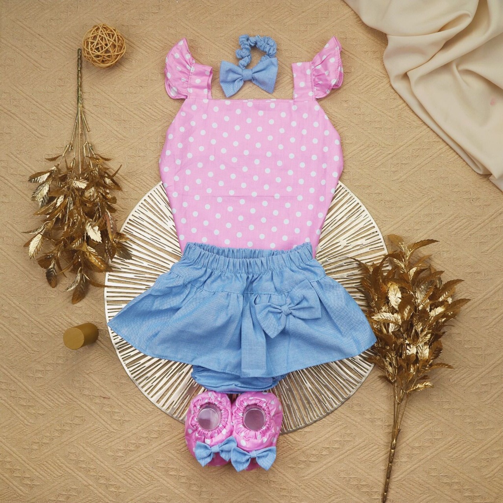 BARU! LIK031 - 4in1 Overall Jumpsuit Sepatu Bandana Anak Perempuan Bayi Cewek Lucu Casual