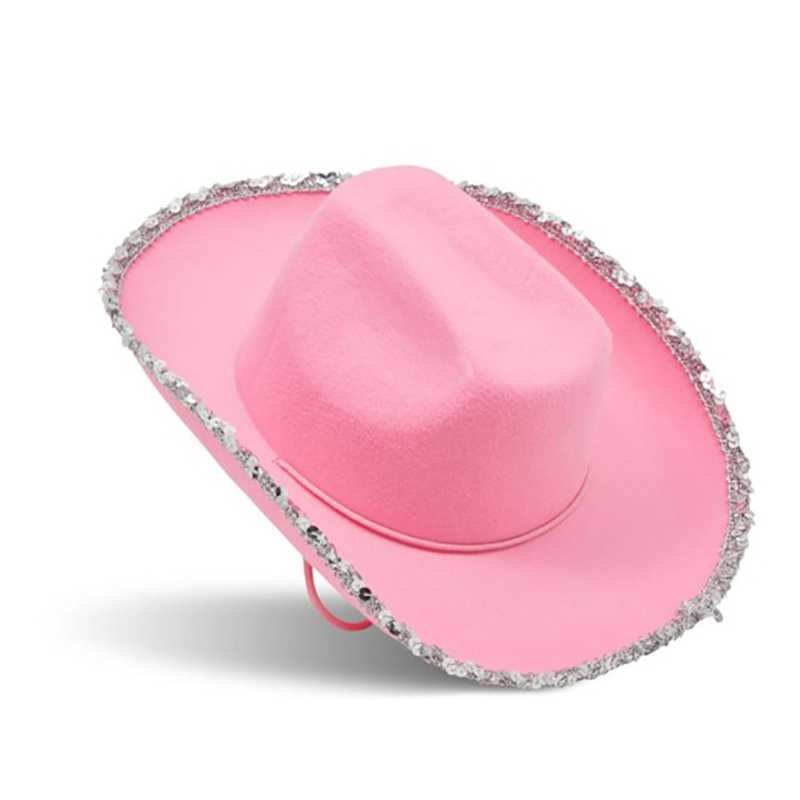 Topi Cowgirl Warna Pink Aksen Sequin Untuk Pesta Halloween