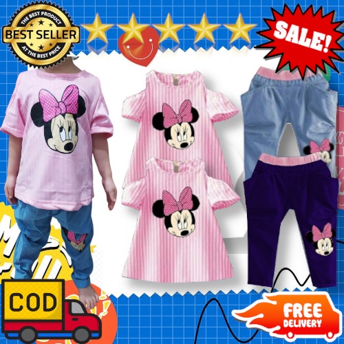 VISION ONLINE-SETELAN CELANA DENIM BAJU PENDEK STRIPY MINNIE PINKY ANAK BAYI PEREMPUAN MURAH KOREA