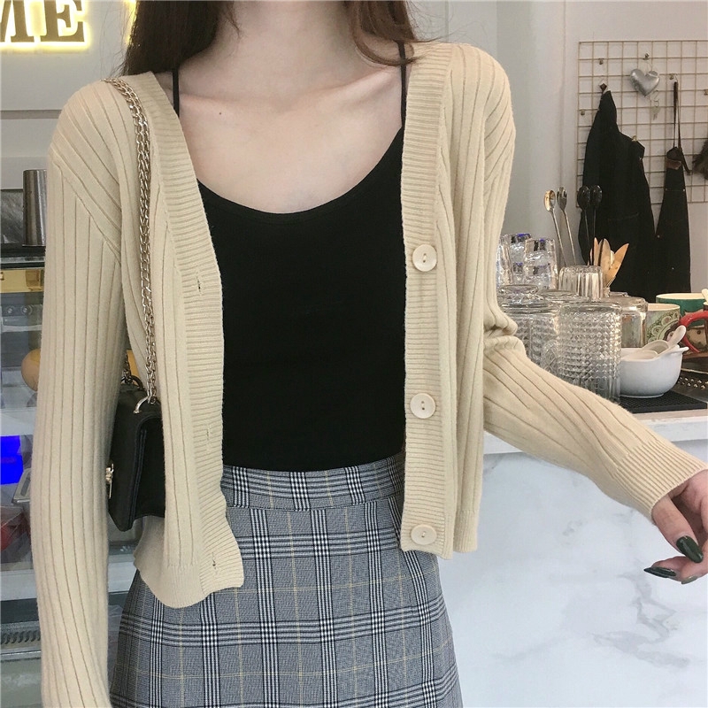 Cardigan Rajut Tipis Casual Lengan Panjang Warna Polos