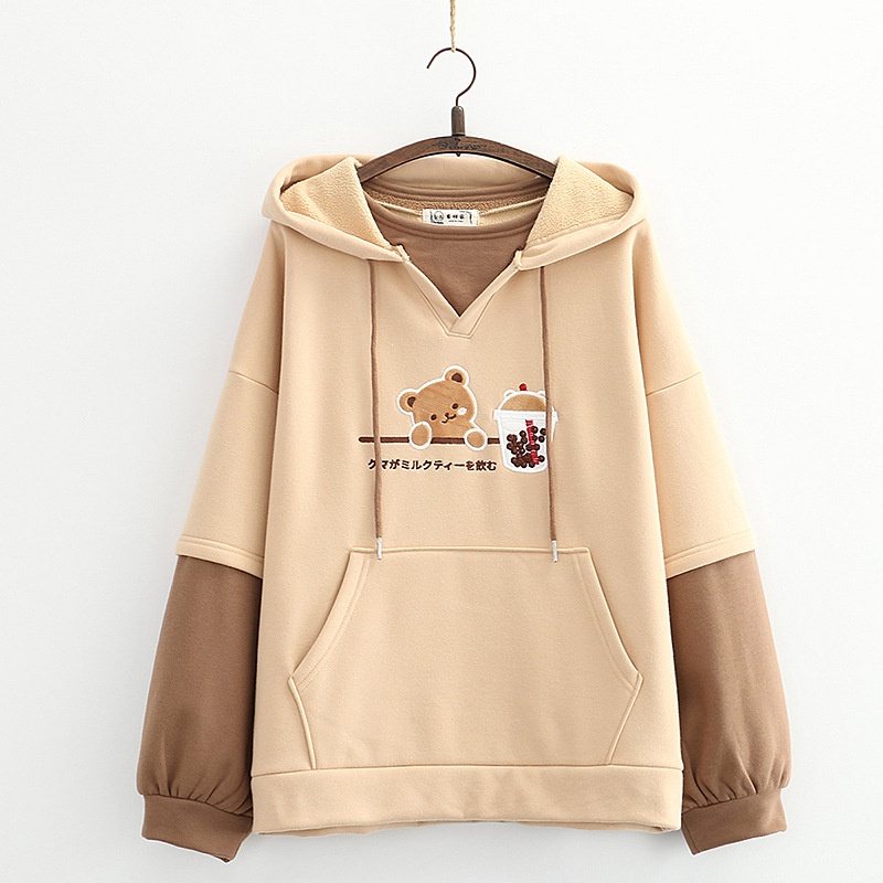Vallina Bear and Bubble Tea Cartoon Hoodie Premium Fleece Sweater Wanita Korean Style-1