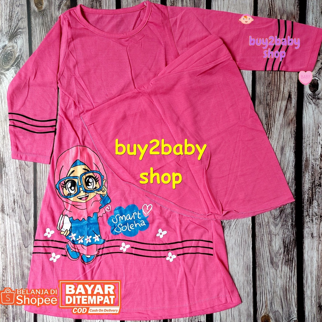 Baju gamis anak set jilbab motif karakter katun halus adem Moms Gift usia 3-4 tahun