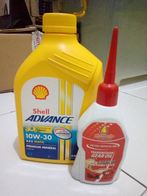 Paket Hemat oli Shell Ax5 0.8 Matic 10-30W dan oli Gardan Petronasia untuk semua Motor Matic