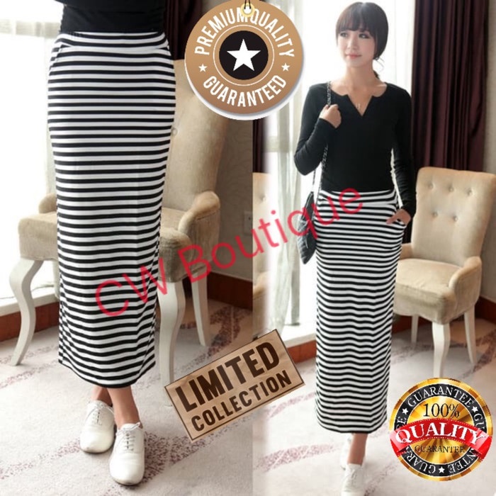 Ollie - Rok Panjang Hitam Putih Garis Stripe (AF SK 01)