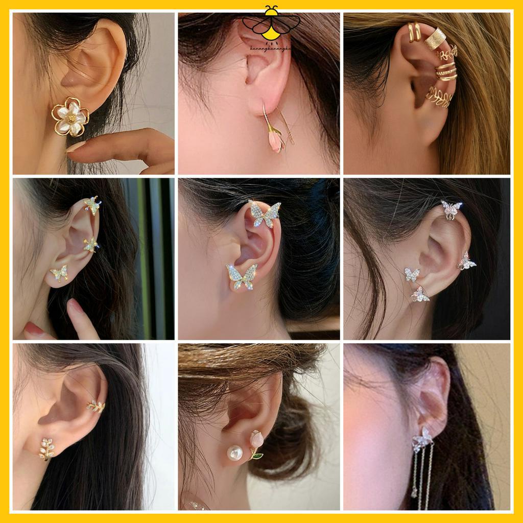 Import Anting Tusuk Korea Kristal Mutiara Model Bunga Tulip Kupu-Kupu Anting Klip Tanpa Tindik Anting Stud Korea Aksesoris Perhiasan Imitasi Wanita