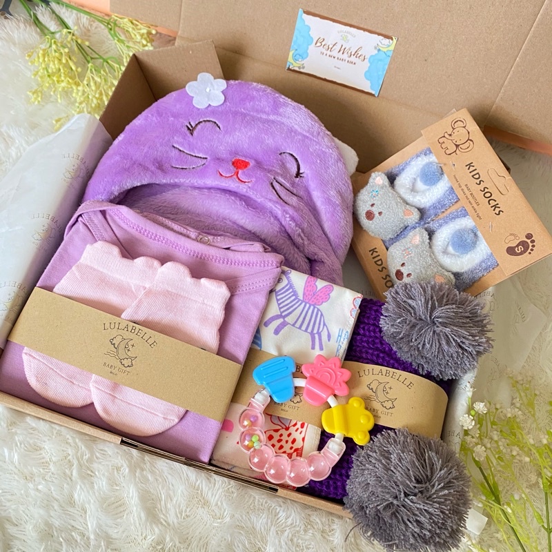 HAMPERS BAYI | KADO LAHIRAN BAYI / NEWBORN GIFT / HAMPERS BABY-CAT LILAC 150