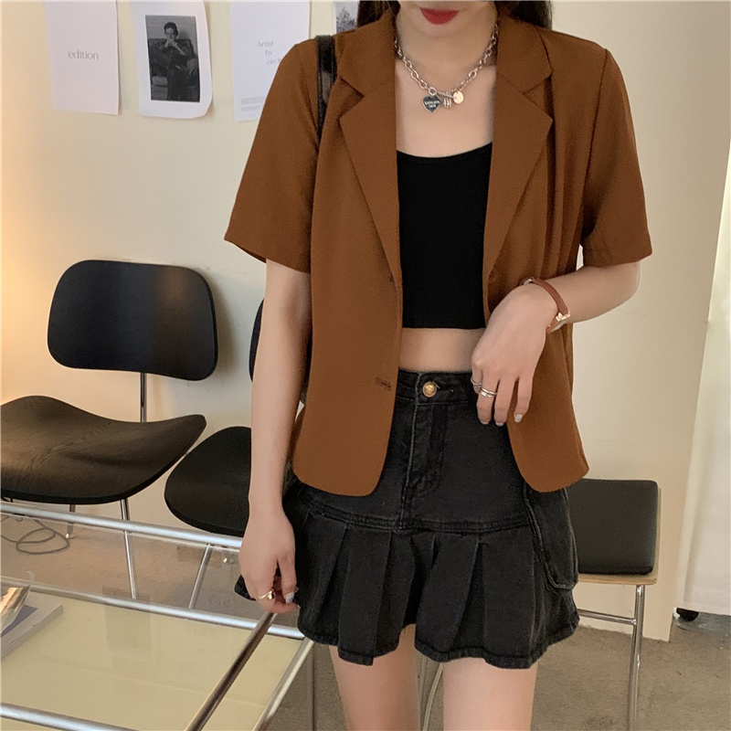 XIAOZHAINV Blazer Crop TopV Korean Style Lengan Pendek Jaket Wanita