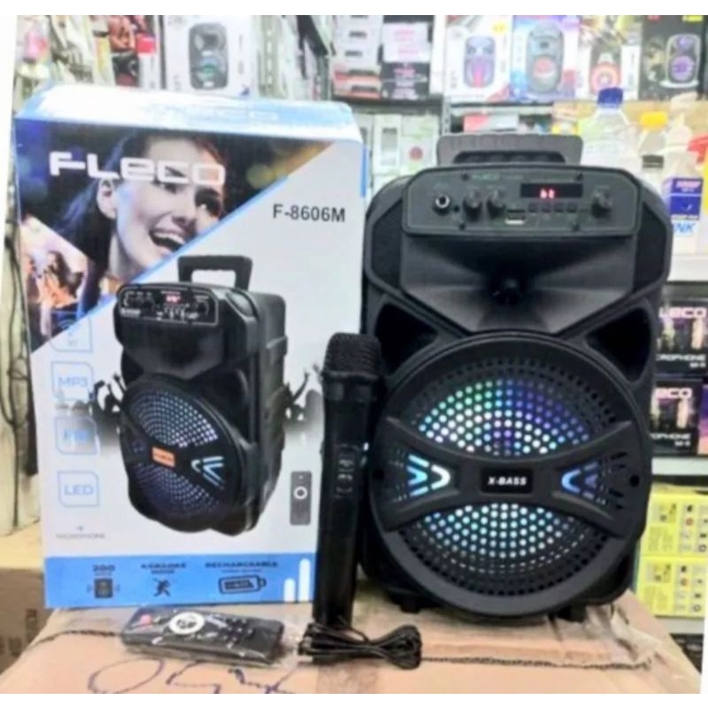 Speaker Bluetooth Fleco F8606M/F8606H/F8606G Bonus Microphone Wireless/Salon Aktif Portable Mic Wireless/Speaker Aktif 8,5Inchi Super Bass Radio Fm