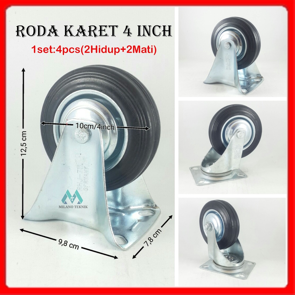 Roda Troli 4&quot; Hidup Mati (2H+2M) Roda Karet 4 inch Roda Etalase Roda Gerobak