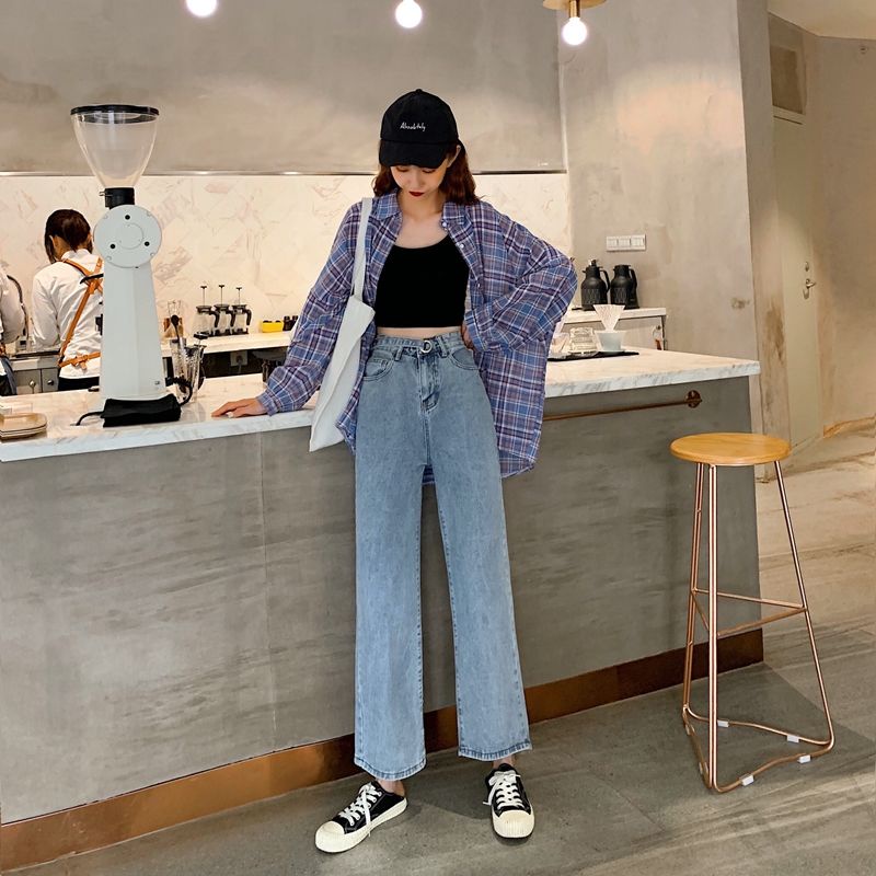 Mode Lurus Tinggi Perempuan Korea Pinggang longgar lebar Leg Jeans