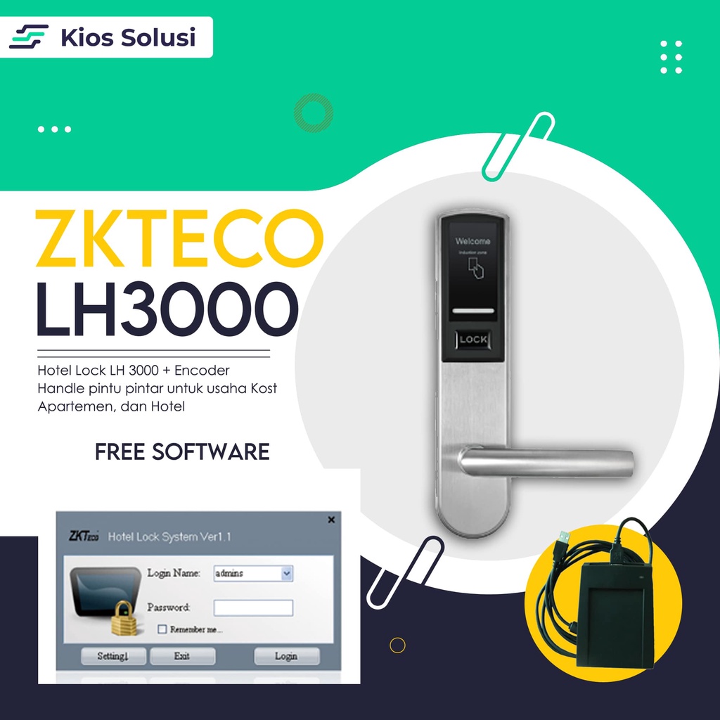 Hotel Lock | Smart Lock | Handle Pintu ZKTECO LH3000 + Encoder + Software | Mifare