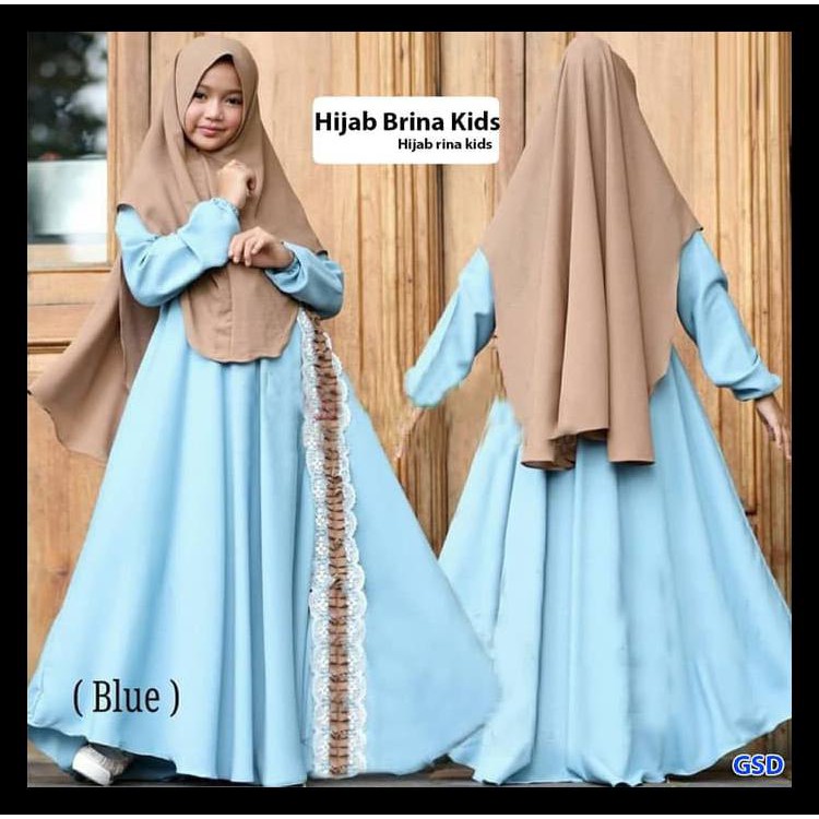 Promo Hijab Brina Kids Biru/Baju Maxi+Bergo Anak/Baju Gamis+Bergo Anak Hijab - Biru Muda