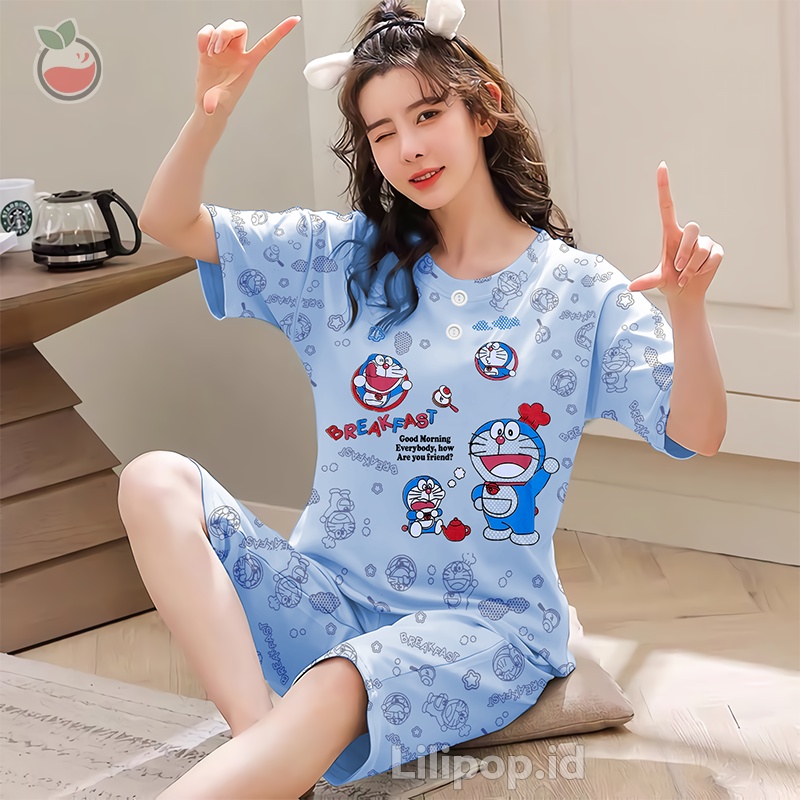 Baju Tidur Wanita 3/4 Stelan Celana Pendek Baby Doll Bahan Kaos Murah