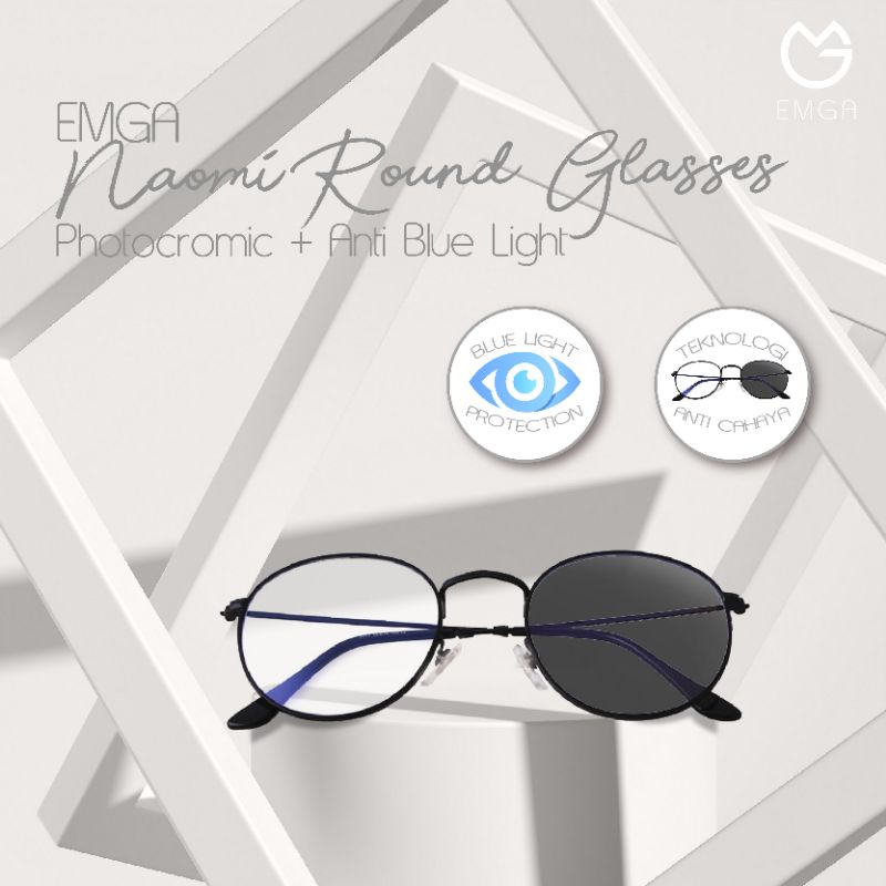 Emga Nami Round Glasses Kacamata Bulat Anti Blue Light Sinar Biru Photocromic Matahari Kaca Mata Fas