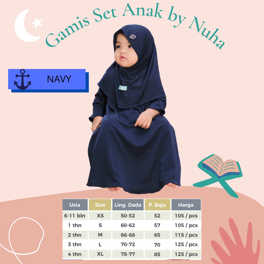 BAJU MUSLIM GAMIS SET ANAK CEWEK PEREMPUAN BY NUHA NAVY BIRU DONGKER