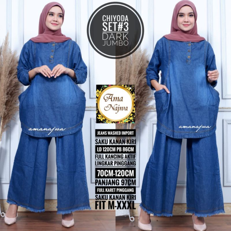 Chiyoda#3 One Set Setelan Celana Kulot Rawis Tunik Jeans Ld 120 Jumbo Fit XXXL Busui Kancing By Amj