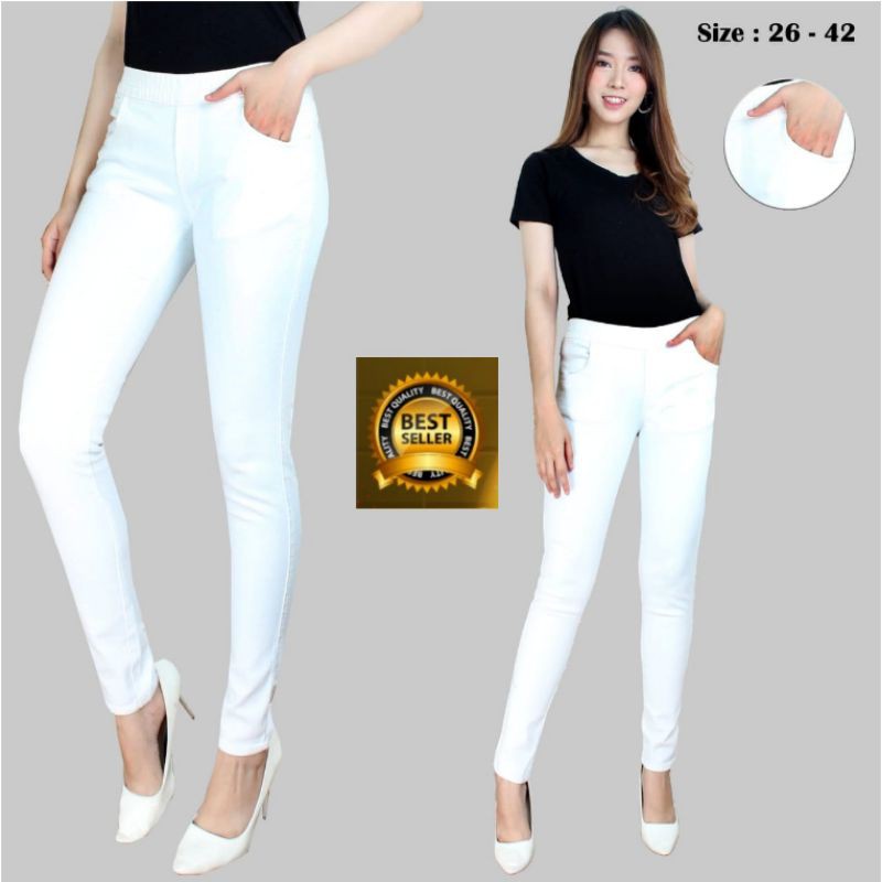 Celana Jegging Jeans Skinny Wanita Pinggang Karet Warna Putih Polos