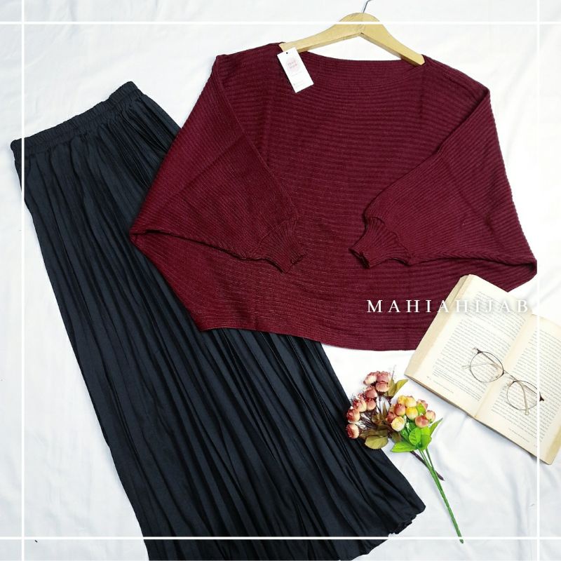 Eunji set sweater batwing + rok plisket / Outfit rajut / Setelan wanita murah / Baju rajut batwing premium