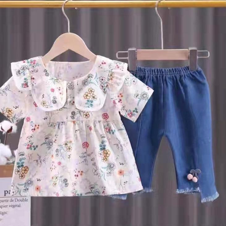 Terlaris Setelan anak perempuan atasan jins cherry import 1-4 tahun/ Baju Setelan kemeja Setelan Jea