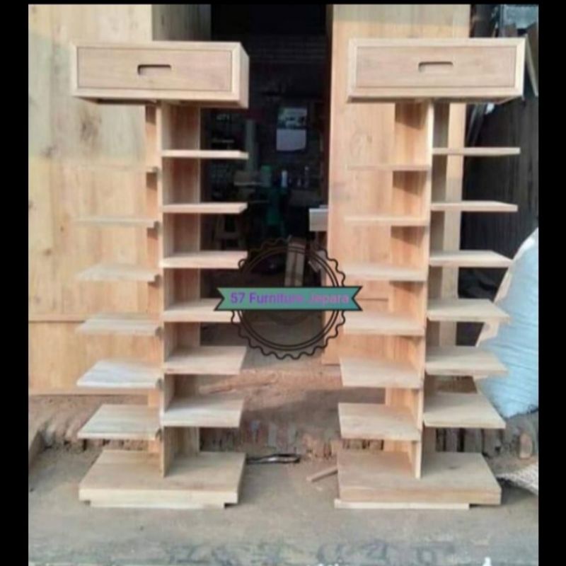 Rak hias kayu jati mentahan - Rak display tempat tas/sendal sepatu