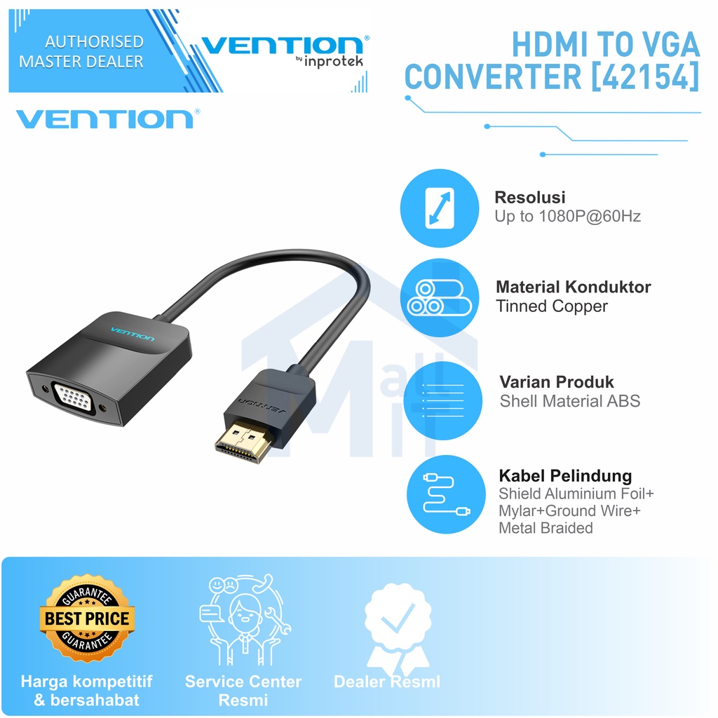 ( Bisa Cod ) Vention ADAPTOR Converter HDMI to VGA 1080p @60Hz FULL HD ACR 42154