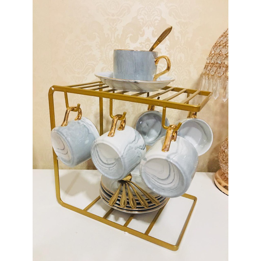 HDB#GSMAR Cangkir Set Marble 6 PCS dengan Gantungan Cangkir / Cangkir Kopi / Teh Set / Gelas Set