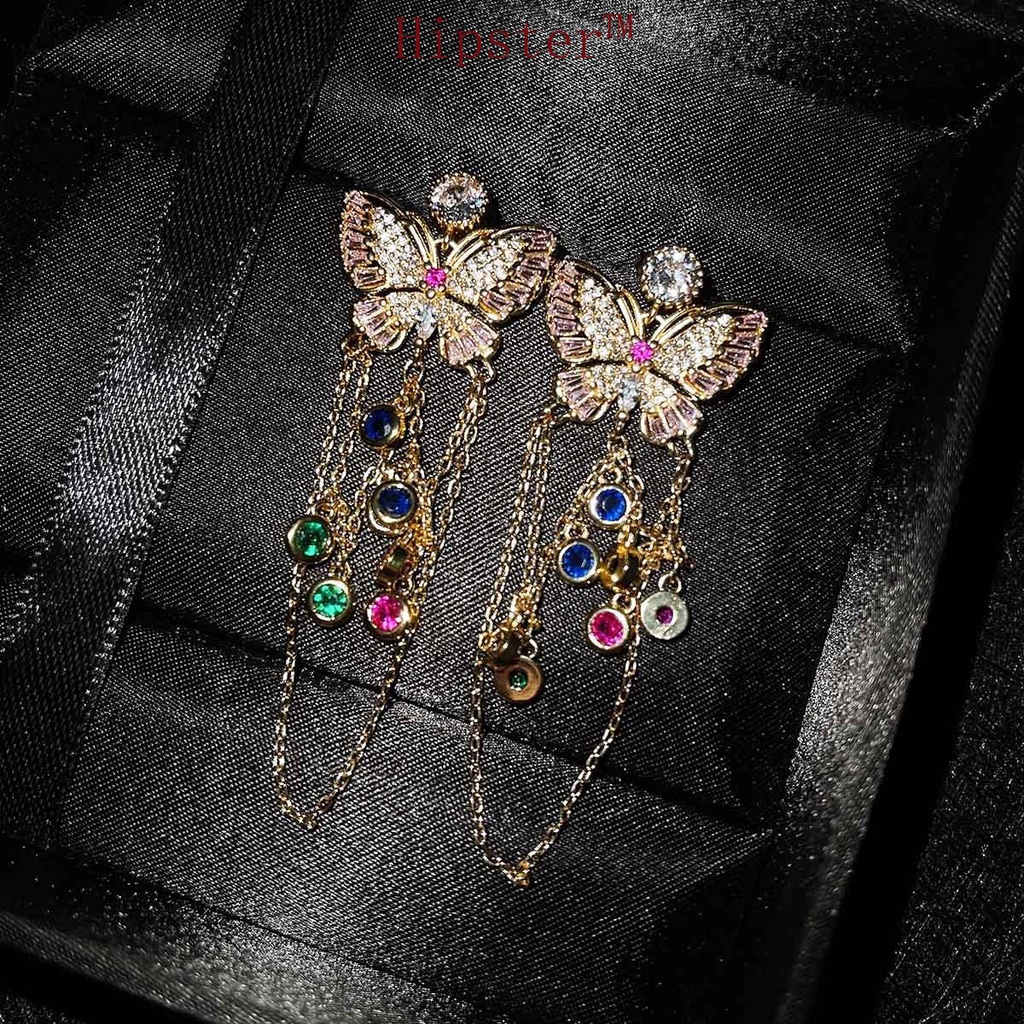 Light Luxury Butterfly Long Tassel Micro Inlaid Zircon French Style Mori Earrings High-End Fashion Sense