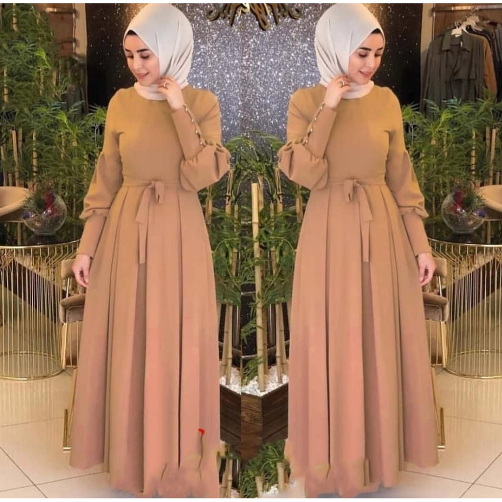 Baju gamis wanita lebaran terbaru 2022, kekinian dan modern AUDY DRESS bahan moscrepe ukuran L-XL-chestnut