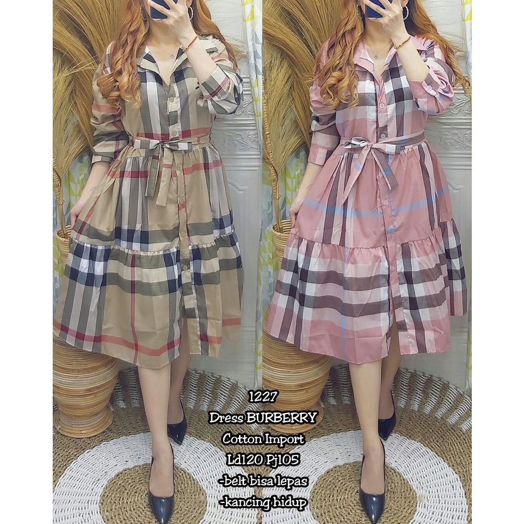 New 1227 Dress BURBERRY Cotton Import | Dress Kantor Kerja Wanita | Dres Kotak Perempuan