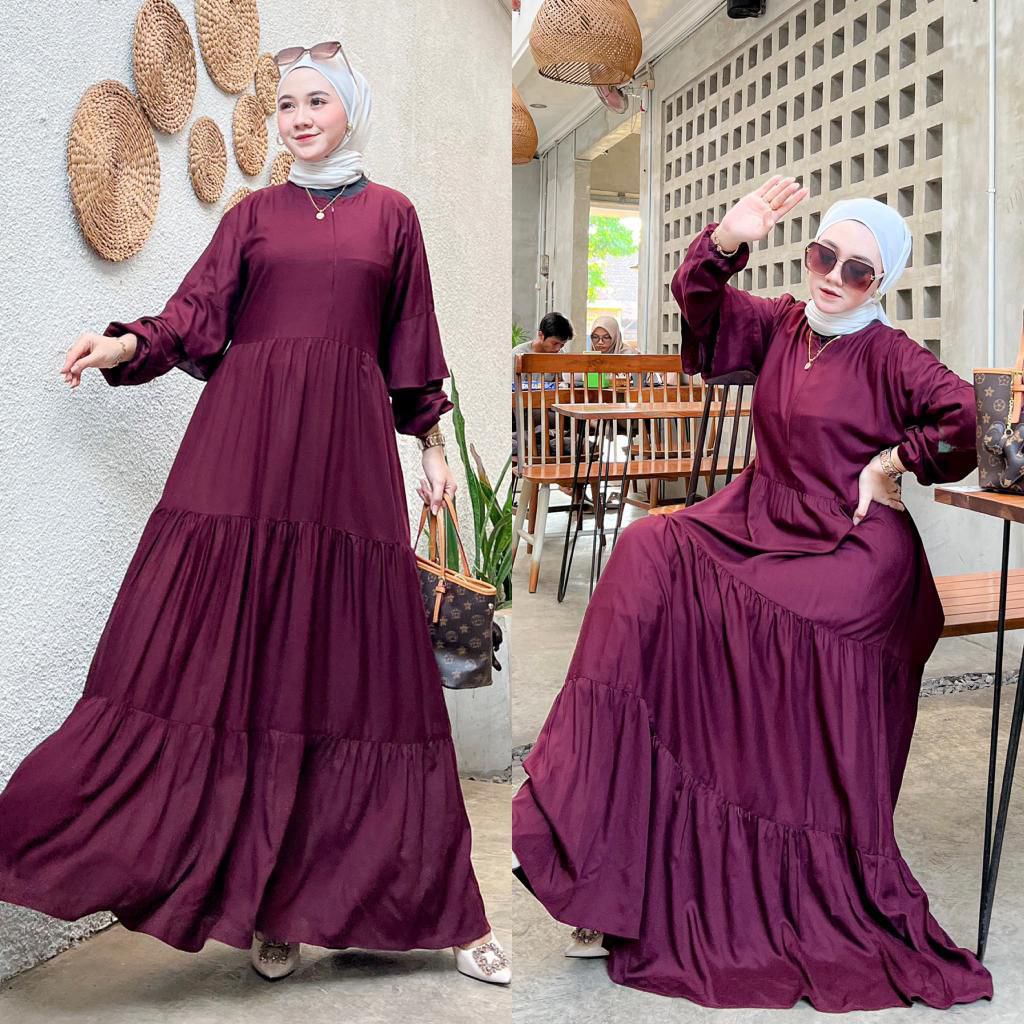 Riana Gamis Wanita Rayon Viscose Premium Dress Wanita Lengan Panjang Ruffle Terompet Longdress Bunga LD 110 cm