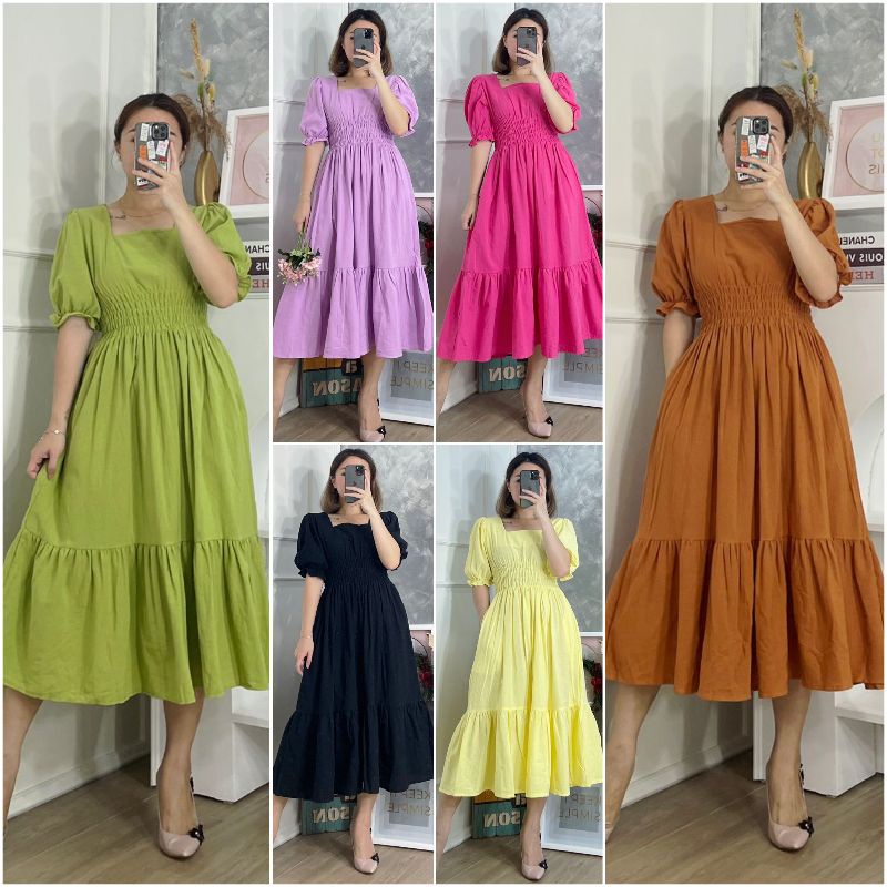 ⚡️ SALE ⚡️ PREMIUM ♡ ORIGINAL ! CLARINETTE SQUARE NECK SMOCKED WAIST RUBBER RUFFLE MIDI DRESS