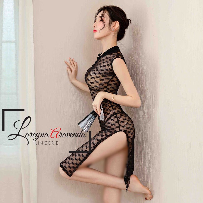 Set Lingerie + G String Seksi Model Kostum Gaun Cheongsam Lace Transparant LG329