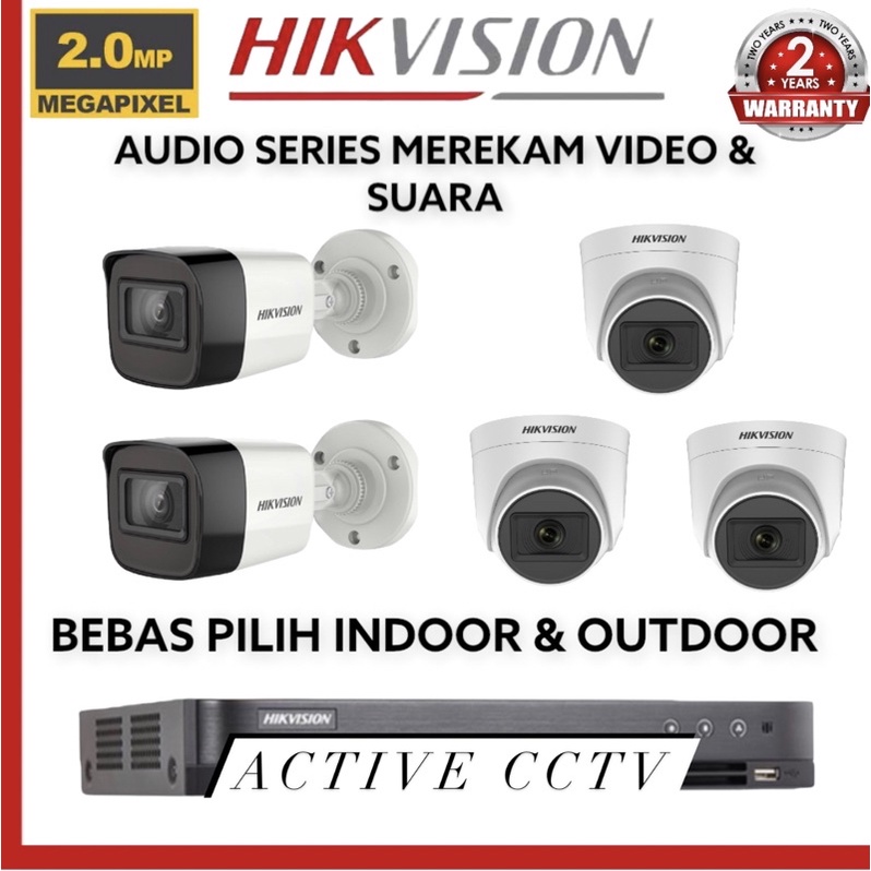 paket camera cctv 5 kamera hikvision 2mp audio built in mic 1080p 8 channel ch bisa rekam suara 8ch