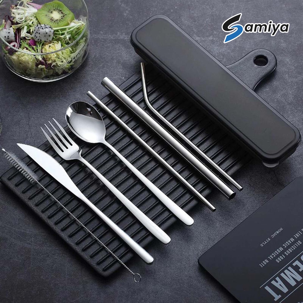 paket sendok garpu pisau korea dengan sedotan stainless set / peralatan makan set free kotak box
