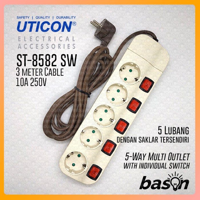 UTICON ST8582SW + 5 Lubang + Kabel 3 Meter - Stop Kontak + Saklar Individual