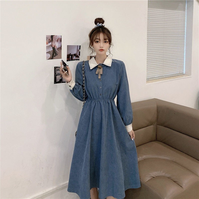 dress korea style/ Casual dres wanita retro rok a-line mid-length lengan panjang kerah POLO/baju wanita/ baju kore/ pakaian korea