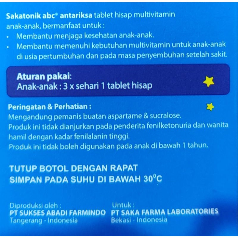 Sakatonik ABC 30 Tablet Isap/ Daya Tahan Tubuh / Tumbuh Kembang Anak / Nafsu Makan / Penyembuhan