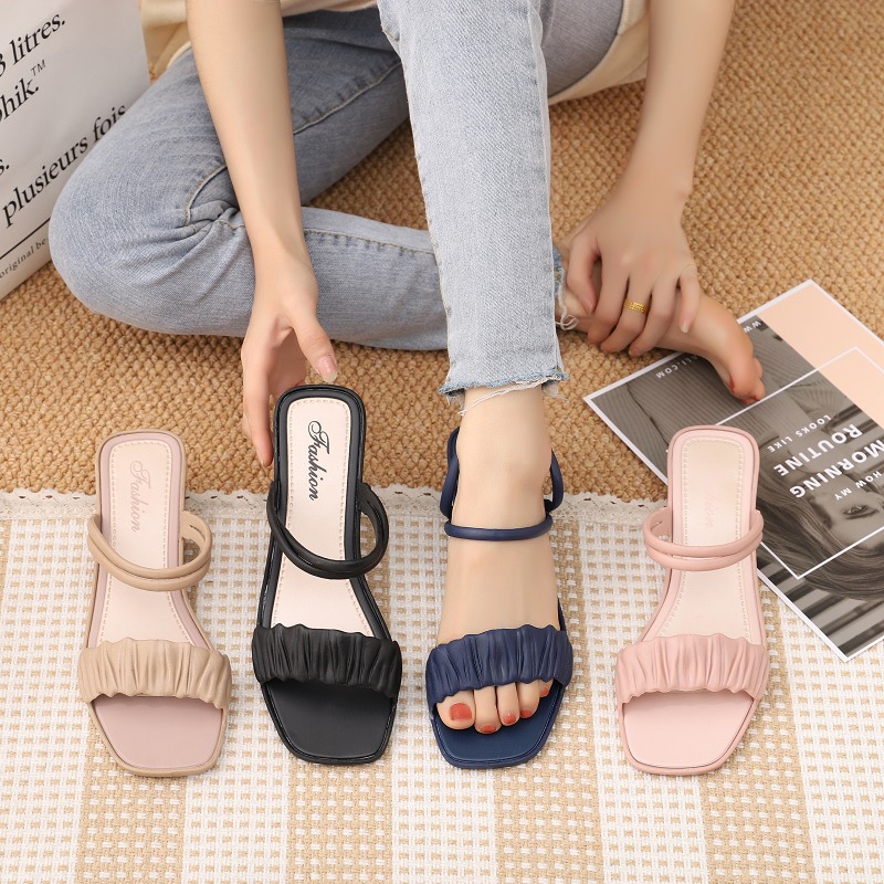 AKC - Sandal Selop Wedges Jelly Wanita Karis Sendal Slop Wedjes Cewek Ban 2 Kerut Import