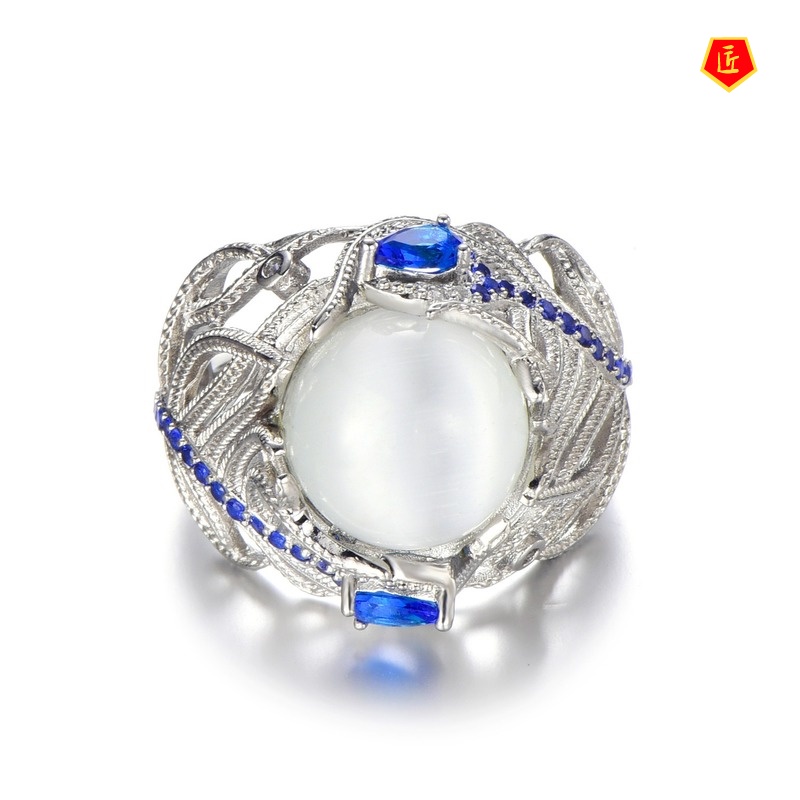 [Ready Stock]Moonstone Opal Flower Ring Inlaid Sapphire Fashion Elegant