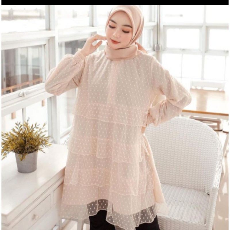 Blus Wanita | Baju Atasan Wanita | Iliana Blouse | Tile Dot Lapis Mosscrepe - Mocca - terashop