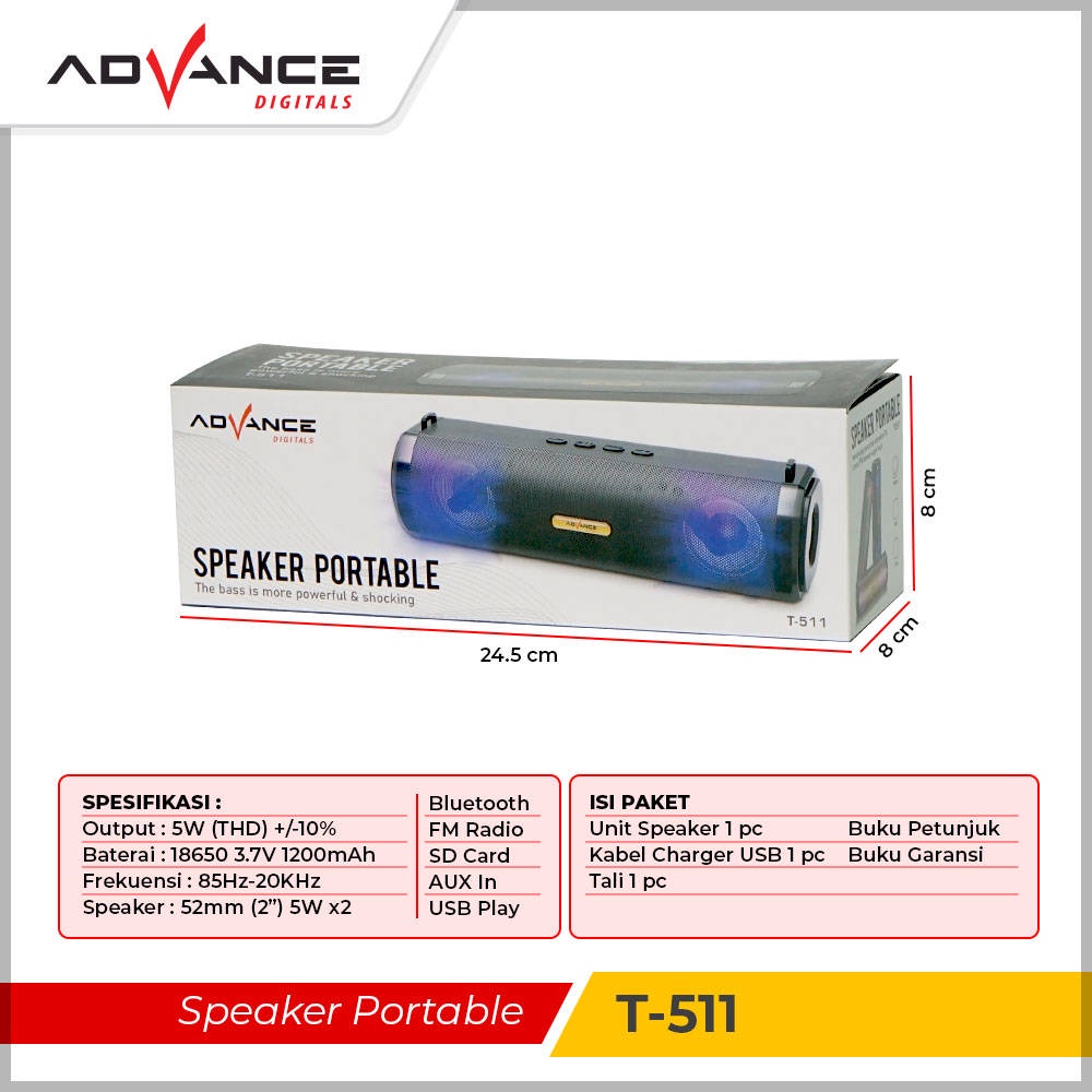 【READY STOCK】 Advance Portable full bass mini Wireless Bluetooth T-511 with led lights FM antenna radio 1200mAH